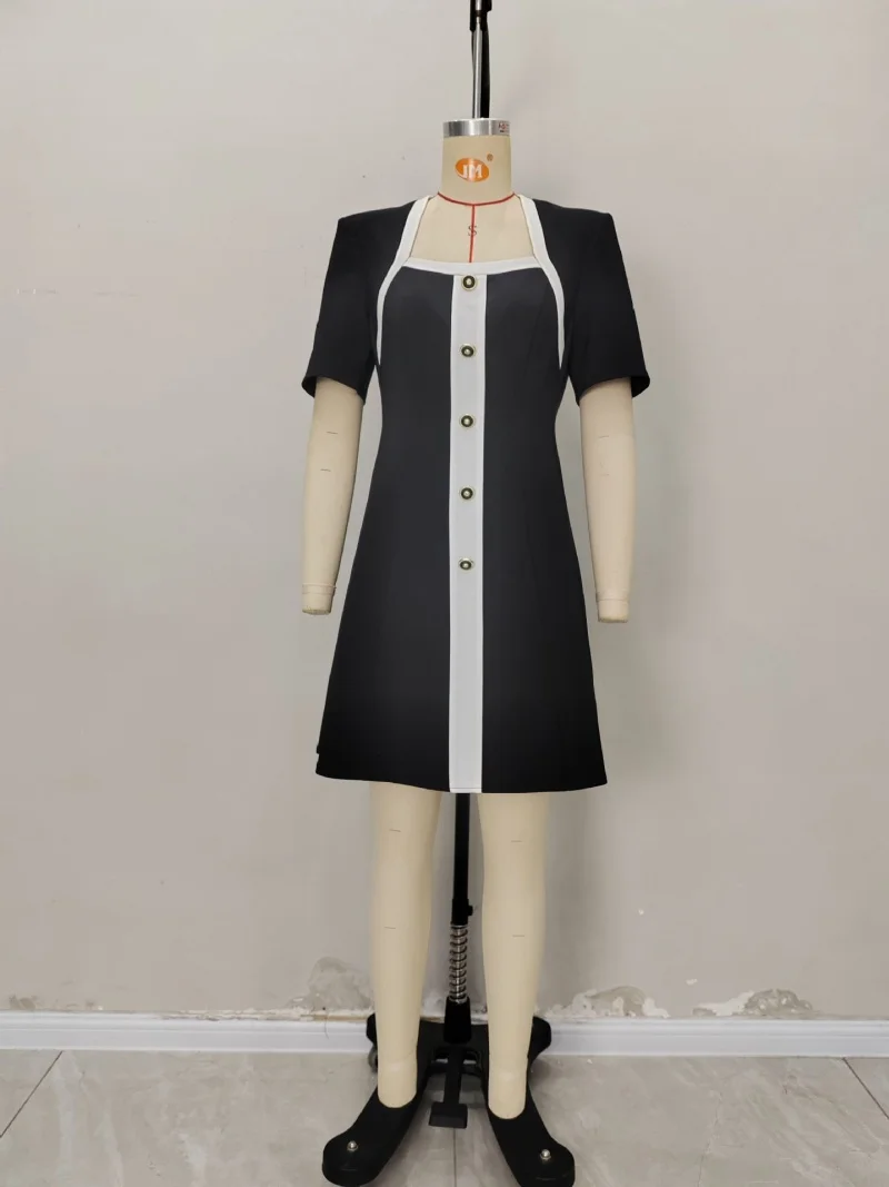 فستان قصير أنيق على طراز OL ملابس صيفية للنساء بأكمام قصيرة وياقة مربعة فساتين مرقعة للحفلات المسائية والنوادي