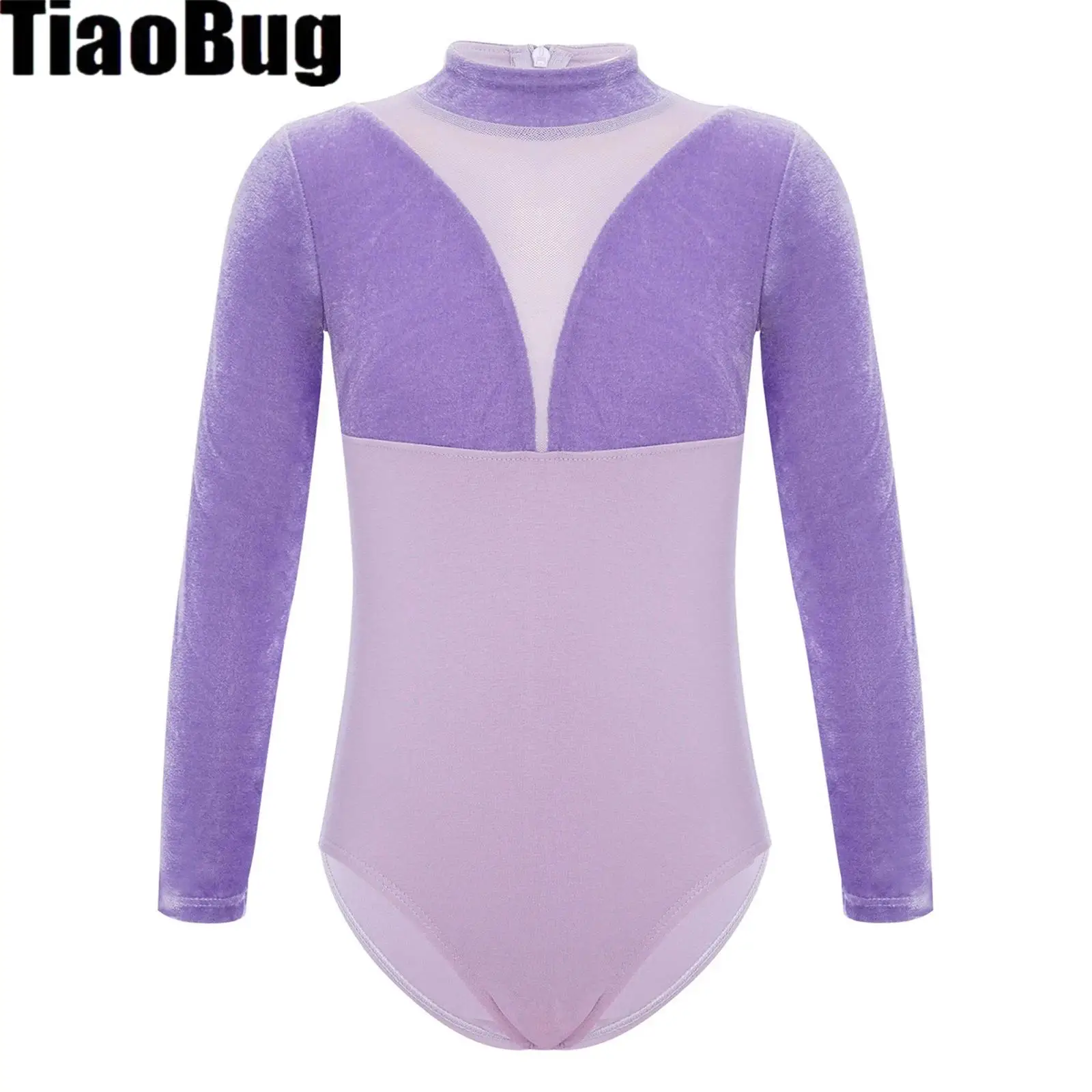 

Kids Girls Patchwork Ballet Dance Leotard Long Sleeves Mock Neck Back Invisible Zipper Velvet Mesh Cotton Bodysuit Dancewear