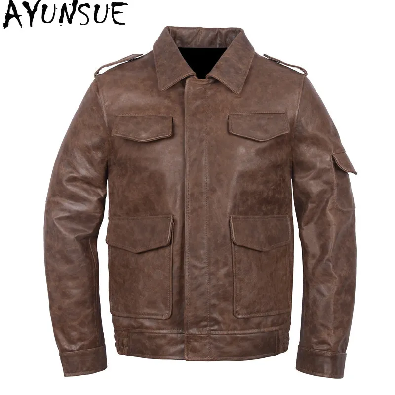 AYUNSUE New Classic 100% Genuine Leather Jacket Men High Quality 2026 Oil-wax Top Layer Cowhide Real Leather Coat Man Clothing