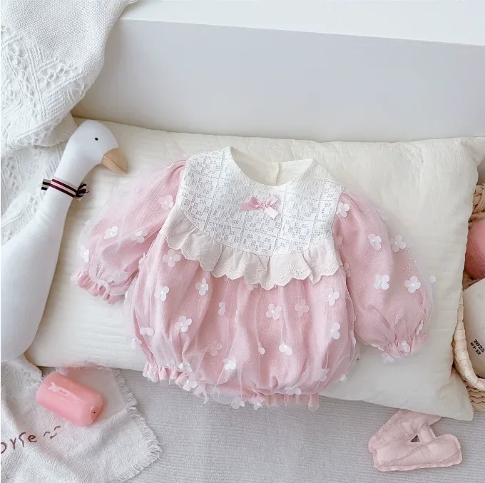 

Новый весенний розовый комбинезон с длинными рукавами и цветочным принтом для маленьких девочек, милая детская одежда принцессы для новорожденных, вечеринки, дня рождения, От 0 до 2 лет