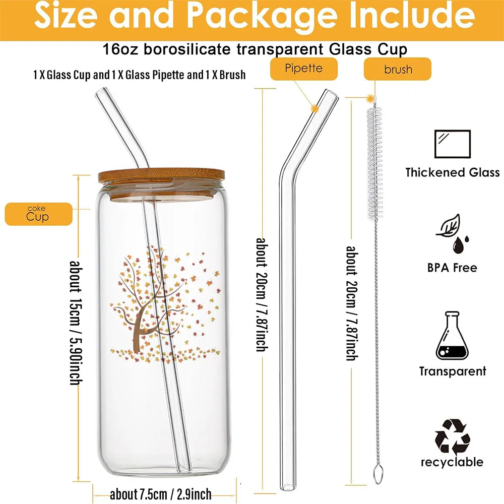 Leaves For Him Her, Fall Tree With Leaves Glass For Heat Resistant High Drinking Cup With Straws Lids 16 oz