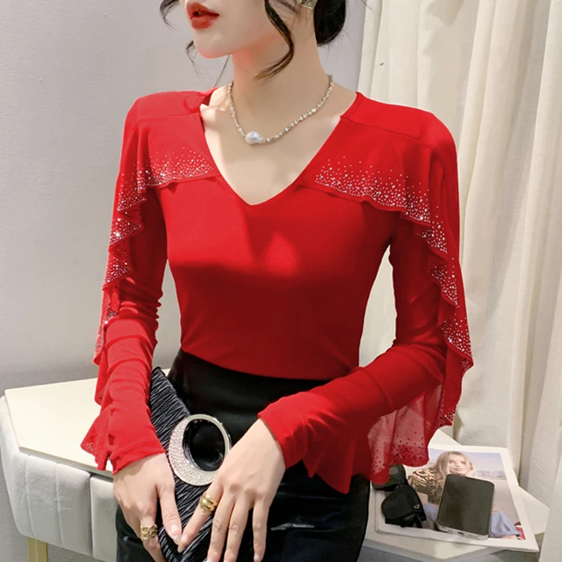 Dingaozlz  Chic Style Fashion Ruffles Women T-shirt Diamonds Slim Casual Female Tops Patchwork Contrast Mesh Tees