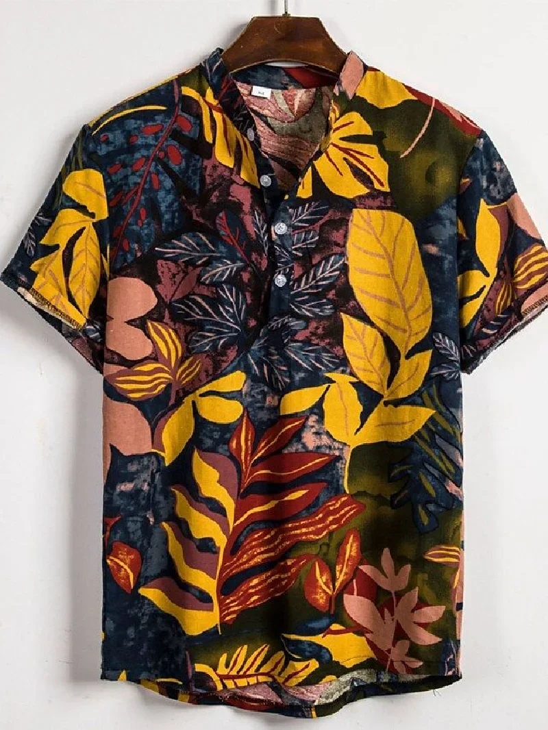 الصيف الرجال الرجعية المطبوعة نمط قصيرة الأكمام التلبيب زر أزياء عارضة معطف قميص الملابس المتضخم #3