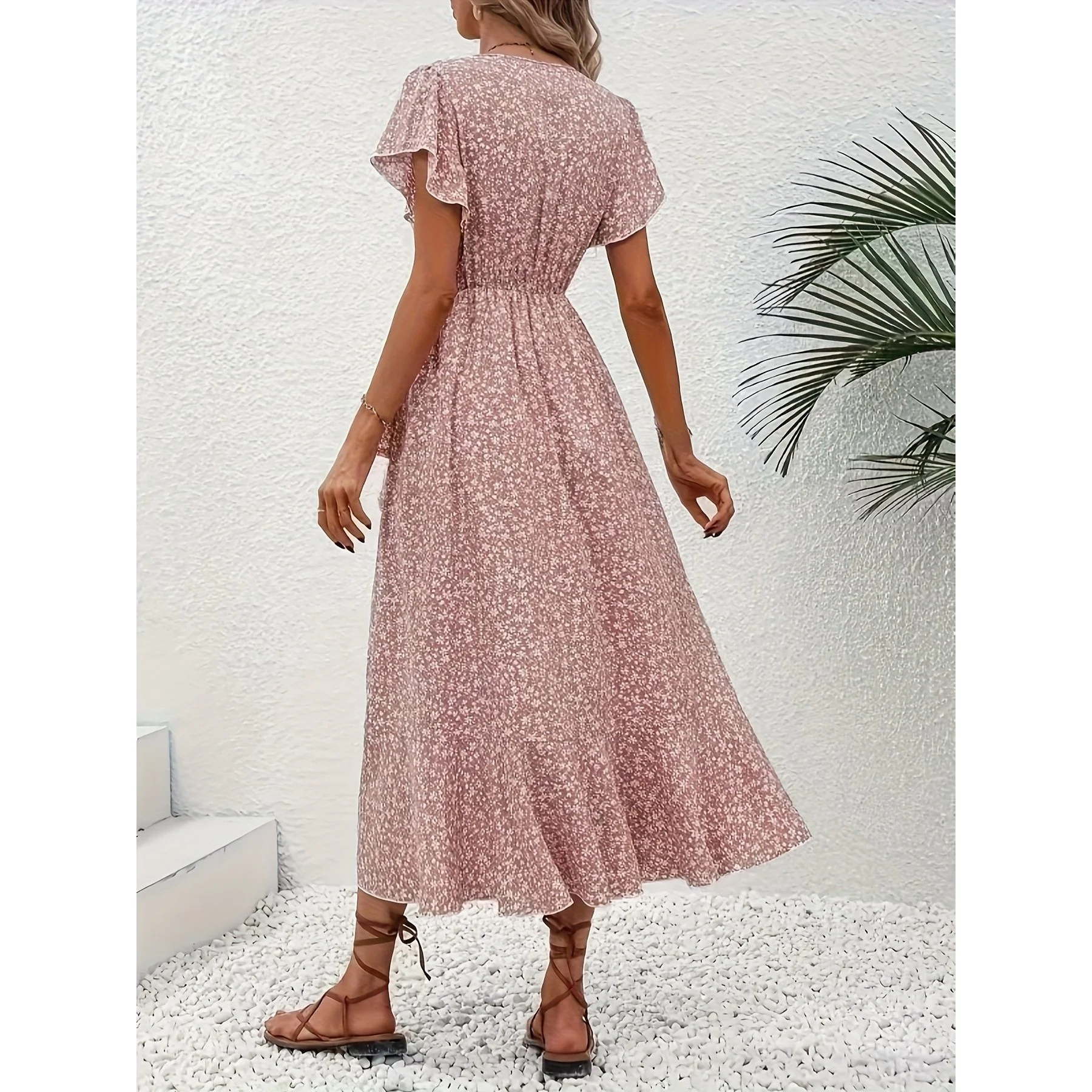 Elegant V-neck Short-sleeved Bohemian Print Wrap Dress Summer Holiday Casual Chic Independent Station Cross-border Fashion