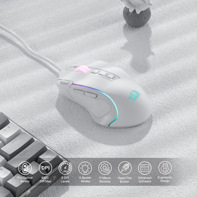 Redragon M612 Predator RGB Gaming Mouse 8000 DPI Wired Optical with 11 Programmable Buttons, White 3