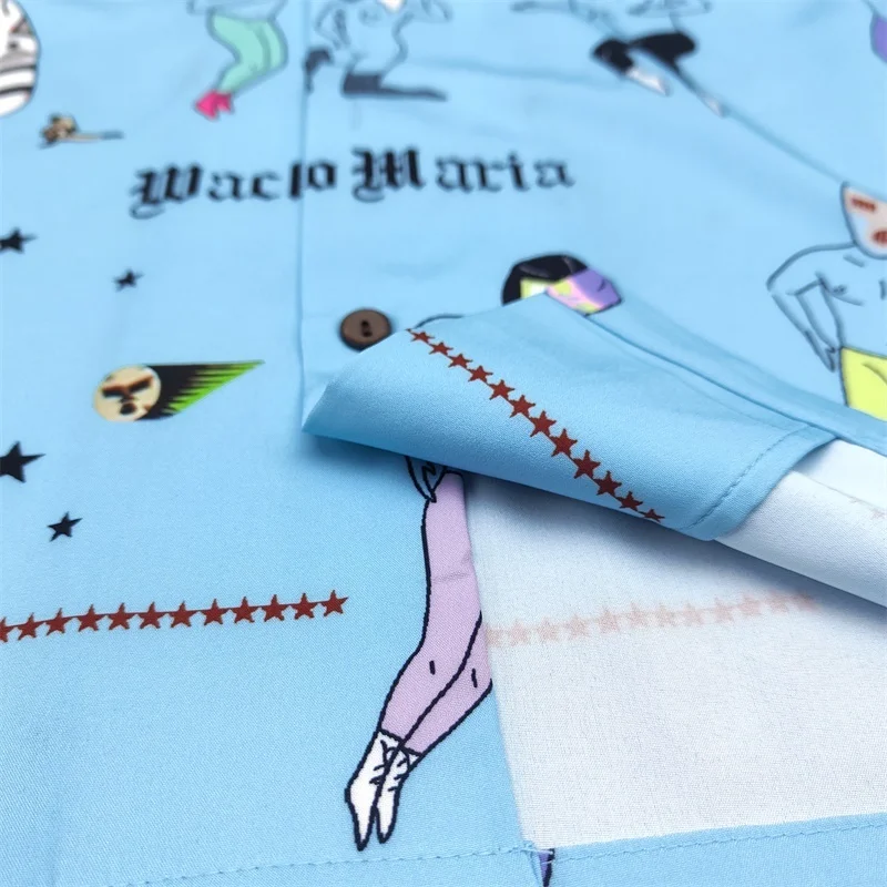 25SS New WACKO MARIA Highest Quality Character Mask Abstract Hawaii Short Sleeve Shirt Men's Women's Brand Shirt Tops