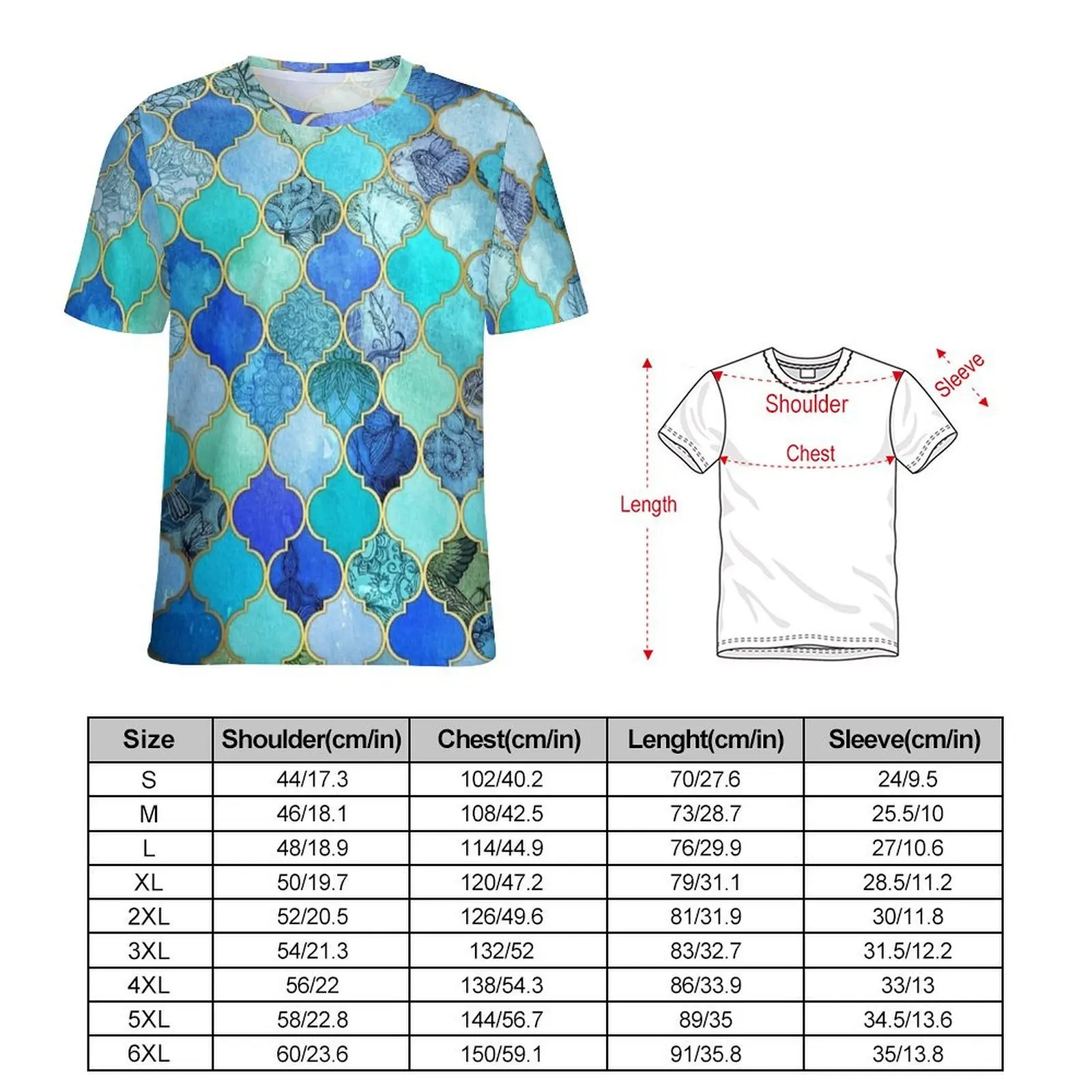 Blue Botanical Gold Moroccan Tile T-Shirt  Trending T Shirts Man Funny Tshirt Premium Short-Sleeved Design Clothing Plus Size