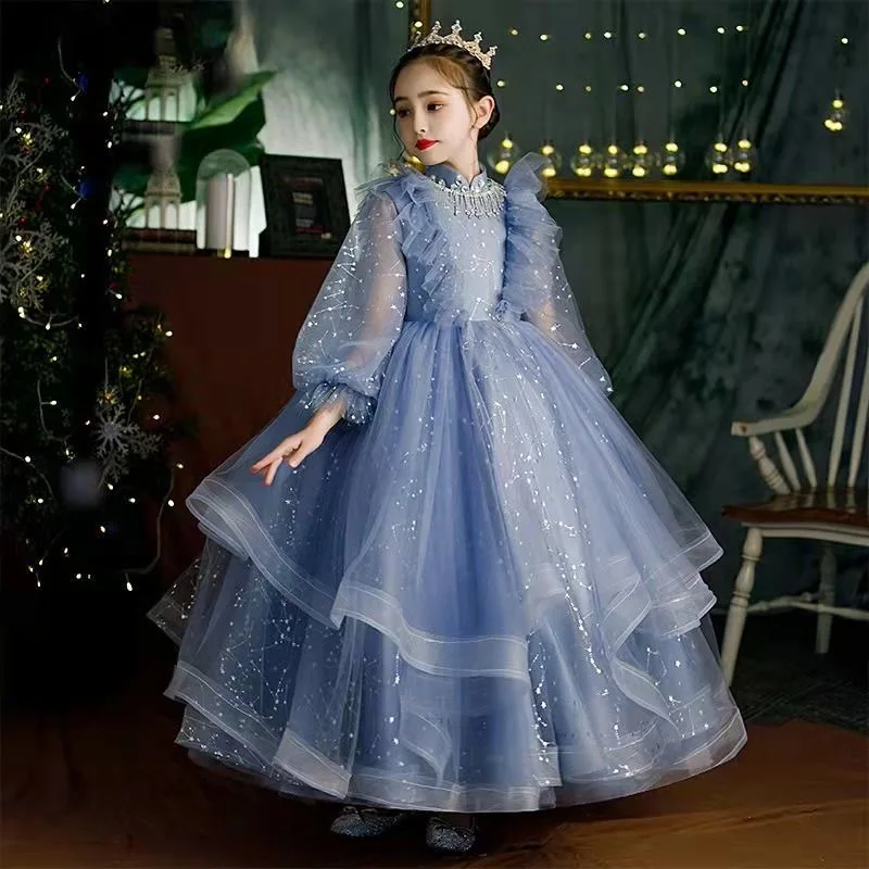 Children Girls Lace Long Sleeve Princess Evening Dress Prom Wedding Birthday Party Flower Girl Dresses for Weddings Vestido