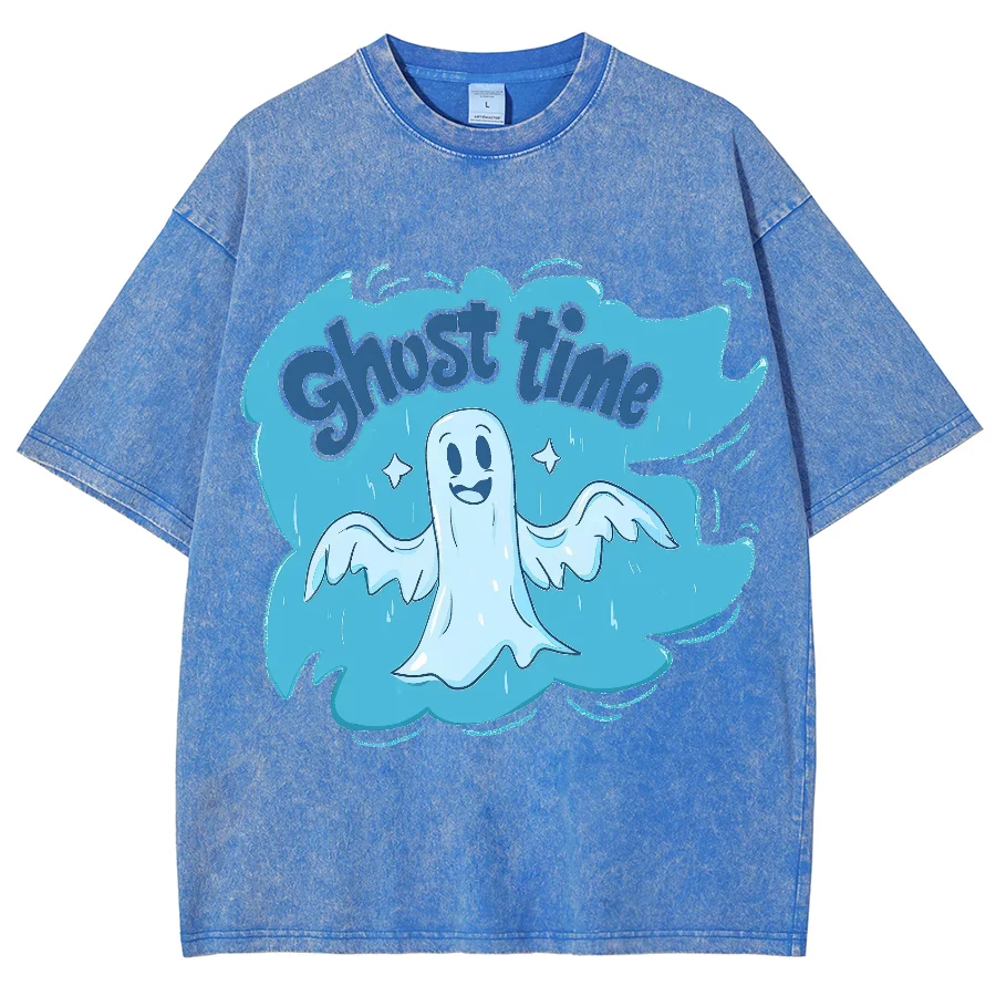 Blue Cartoon Ghost Ghost Print Women's T-Shirt Loose Wash Oversized Short Sleeve Fashion Funny Casual Teen Heavy Cotton Tee