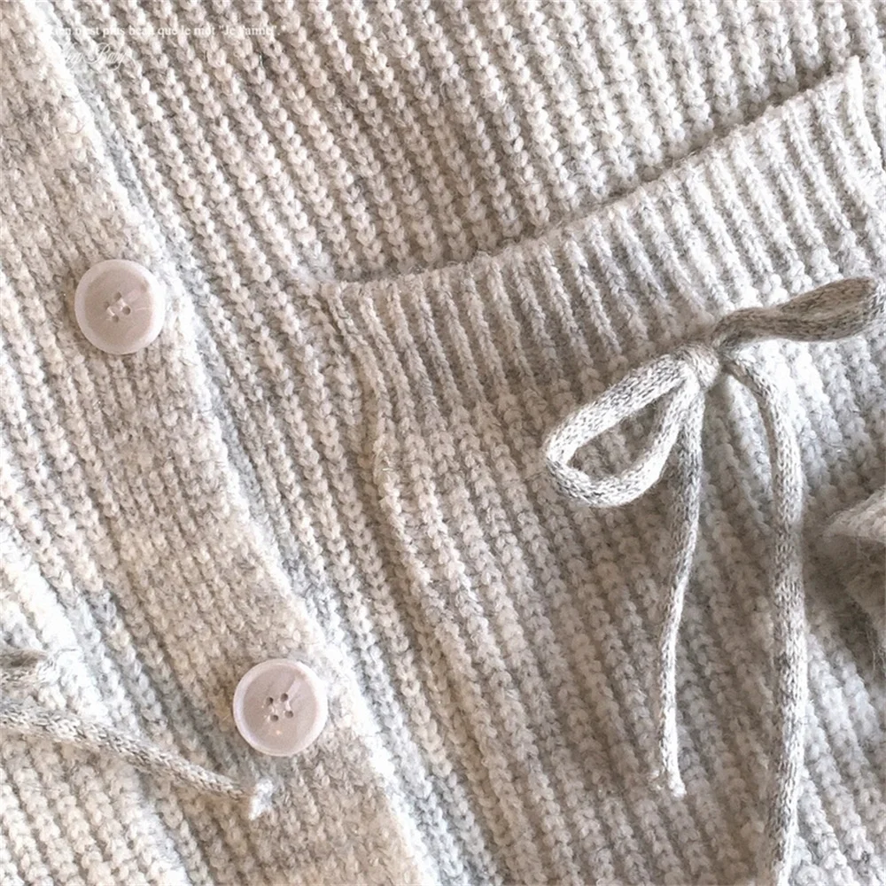 الخريف الشتاء الرمادي اليابانية الحلو الحياكة سترة فضفاضة كسول طويلة الأكمام Kawaii مقنعين سترة مع جيب خمر قمم لطيف #6