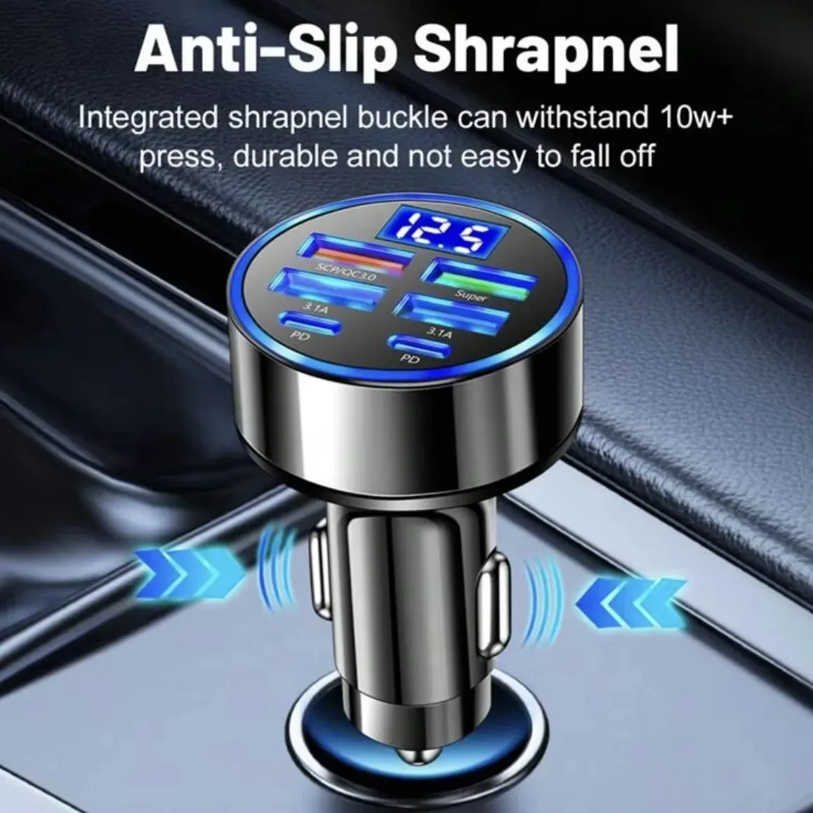 6in1 Car Charger Super Fast Charging 4 USB 2 USB C Multi Port with Voltage Digital Monitor for Car Cigarette Lighter