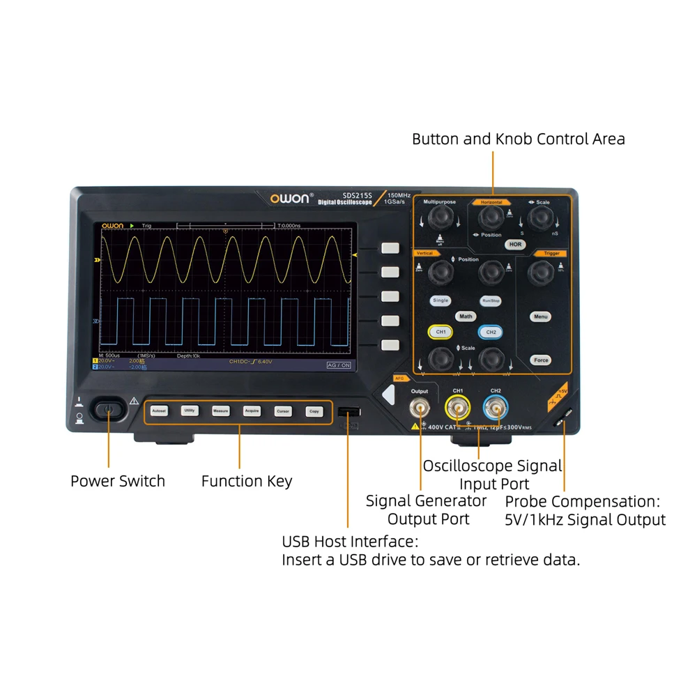 Oscilloscopio a memoria digitale OWON SDS220 SDS220S, frequenza di campionamento 1GS/s indipendente a 2 canali, larghezza di banda 200 MHz, lunghezza di registrazione 20 M, AWG