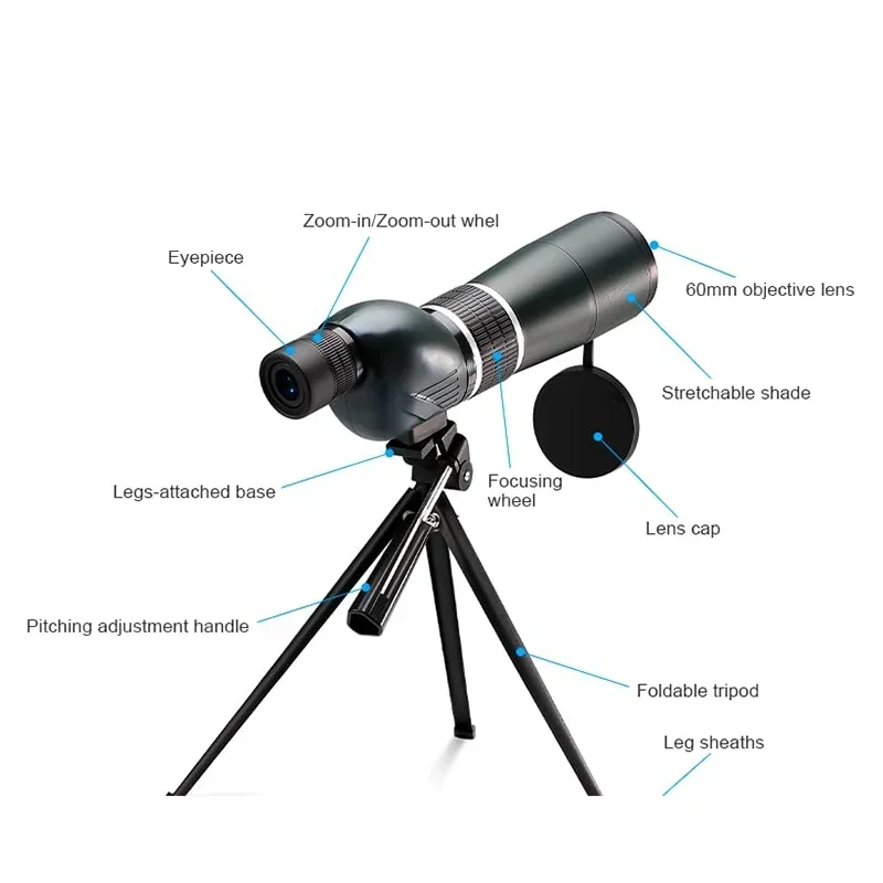 HD Monocular 20-60x60 Zoom Bak4 Prism Spotting Scope Waterproof Anti-Fog Telescope Camping Bird Watching Hunting With Tripod