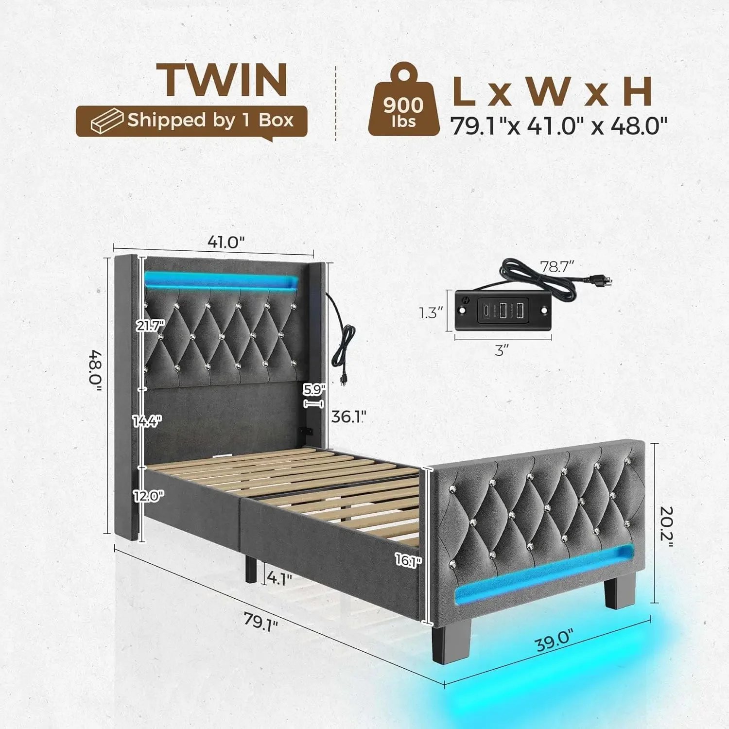 Twin Bed Frame with LED Light and Charging Station, Upholstered High Headboard and Footboard, Wood Slats, Noise Free