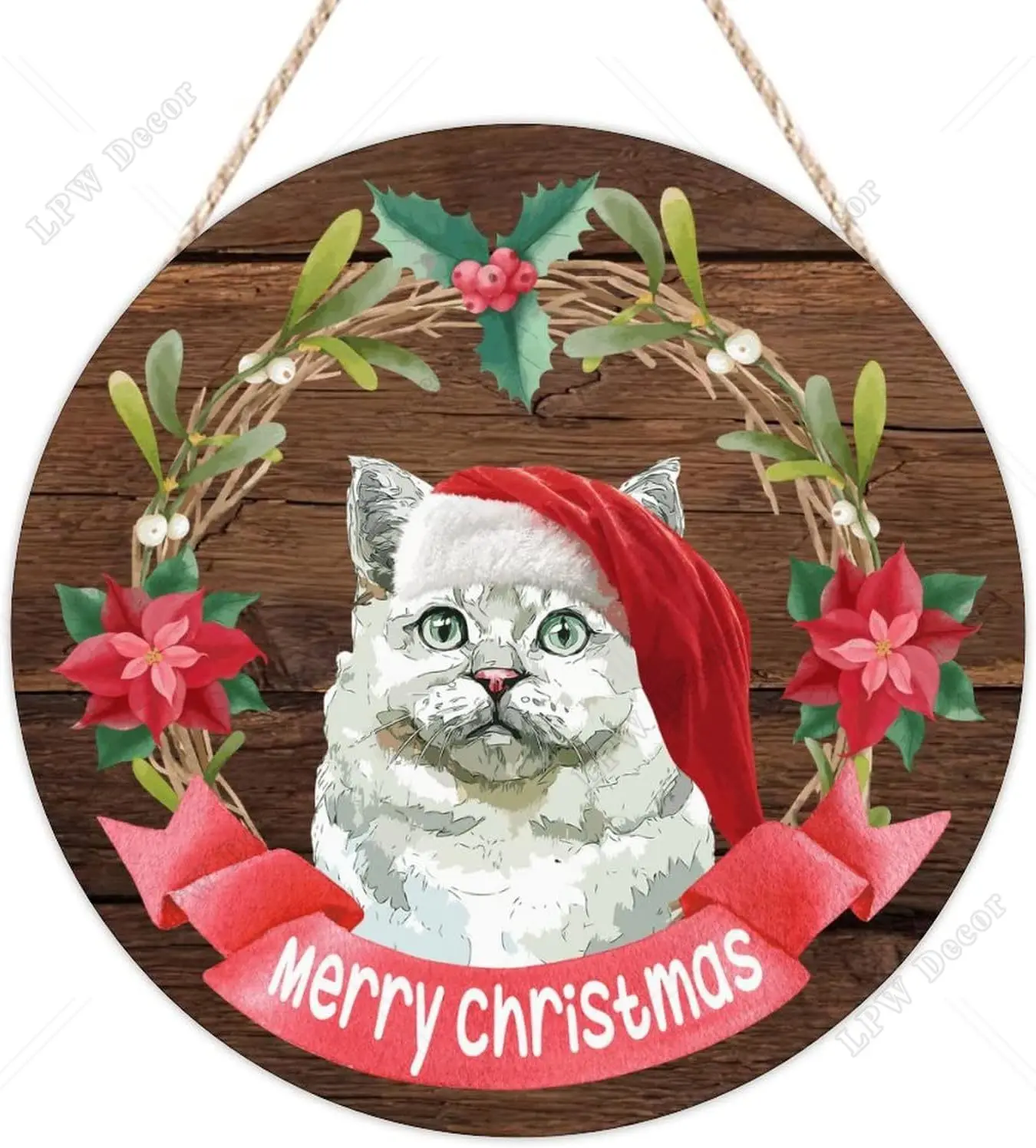 Welcome Sign for Front Porch Christmas Cat Round Wood Sign Wreath Wood Hanging Sign Christmas Home Kitchen Decoration Decor