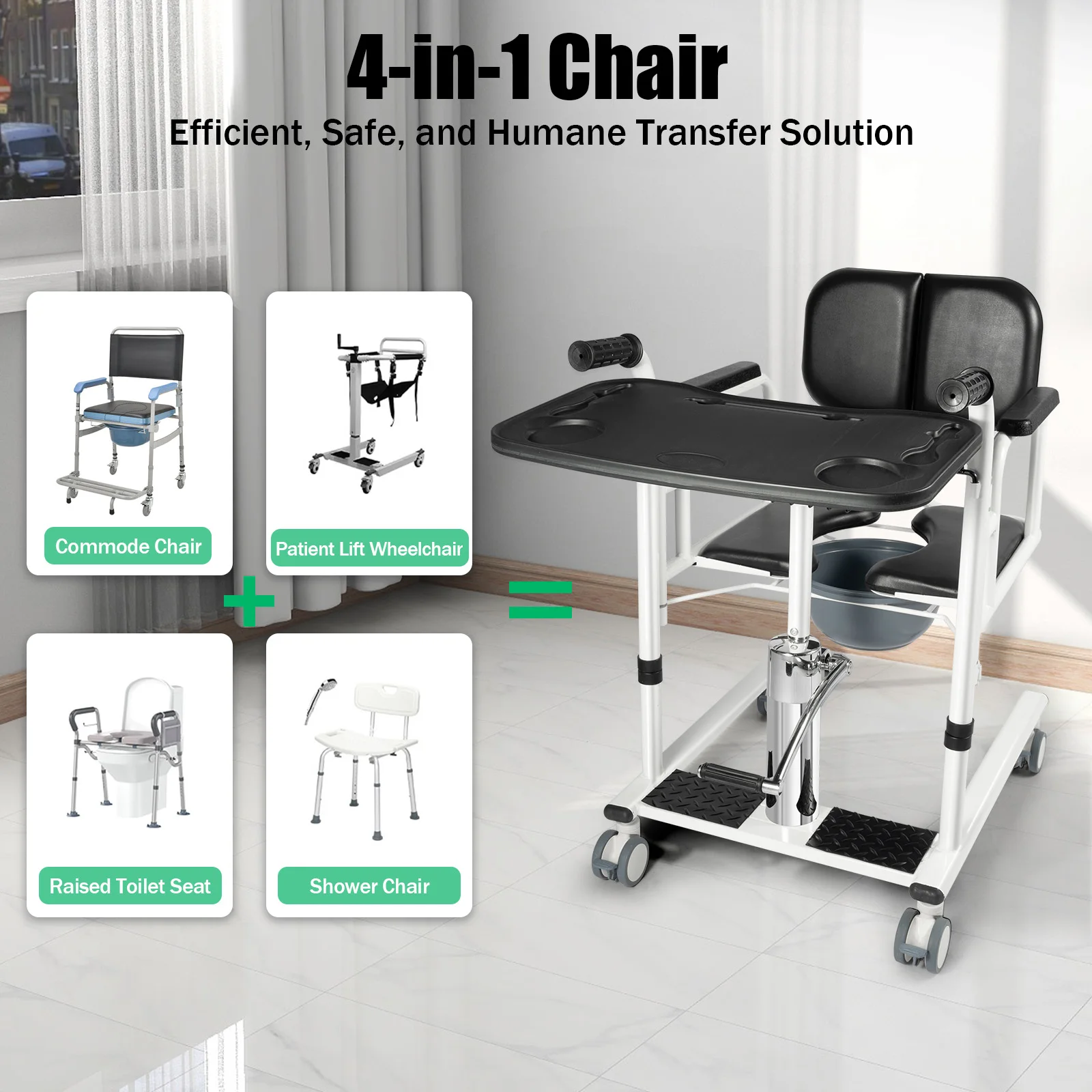 Hydraulic Transfer Chair Portable Transport Wheelchair Transfer Aid Black White Steel Sponge 150kg Load 4 Braked Wheels
