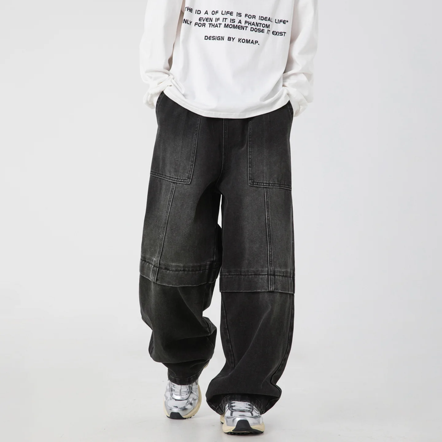 Autumn Winter New Fashion Men’s Spliced Casual Trendy Loose Wide Leg Washed Denim Trousers Male Basic Jeans Pants Bottom Clothes
