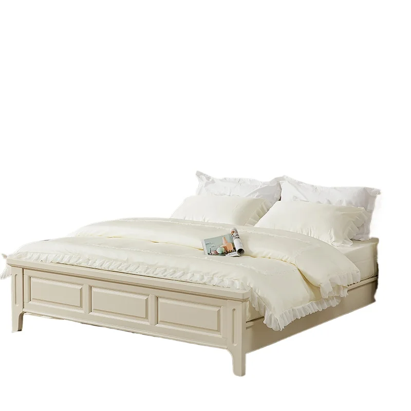 

American solid wood bed 1.8 meters double master bedroom modern light luxury queen bed white French cream wind princess