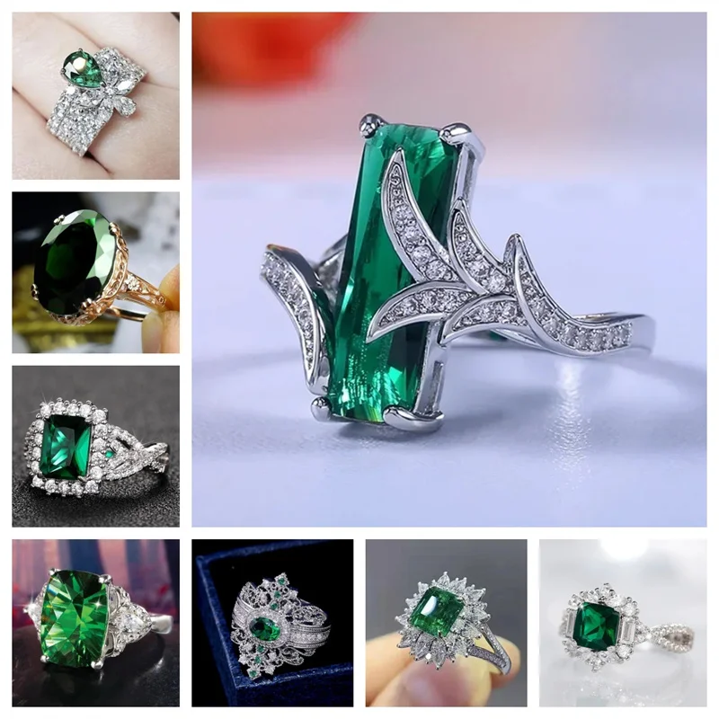 2026 New European and American Inlaid Green Zircon Ring for Female Actress, Elegant Wedding, Eternal Love Jewelry