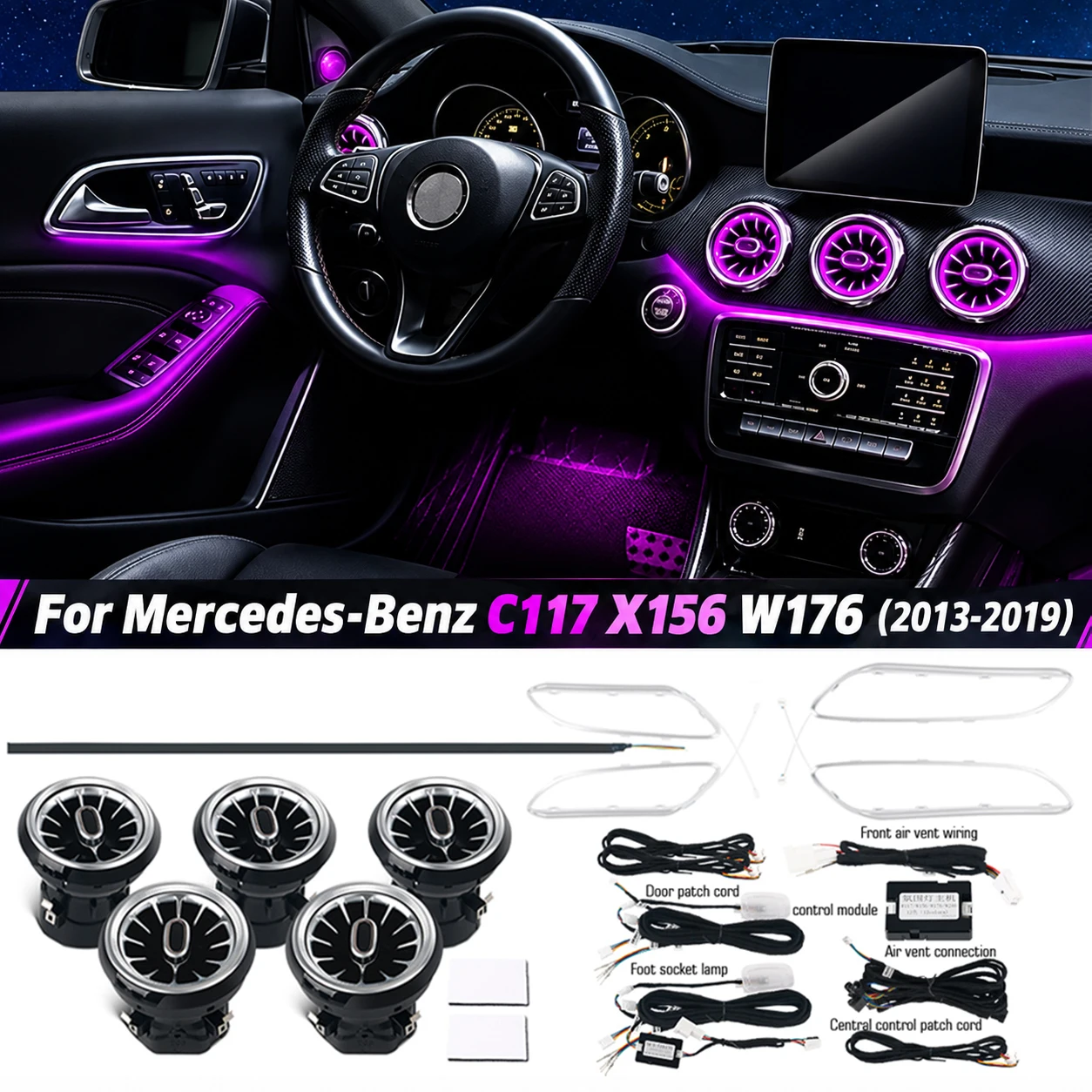 For Benz W176 C117 X156 A CLA GLA 12/64 Colors Ambient Lights Turbine Air Vent Lamps Dashboard Door Lighting Kit Car/App Control