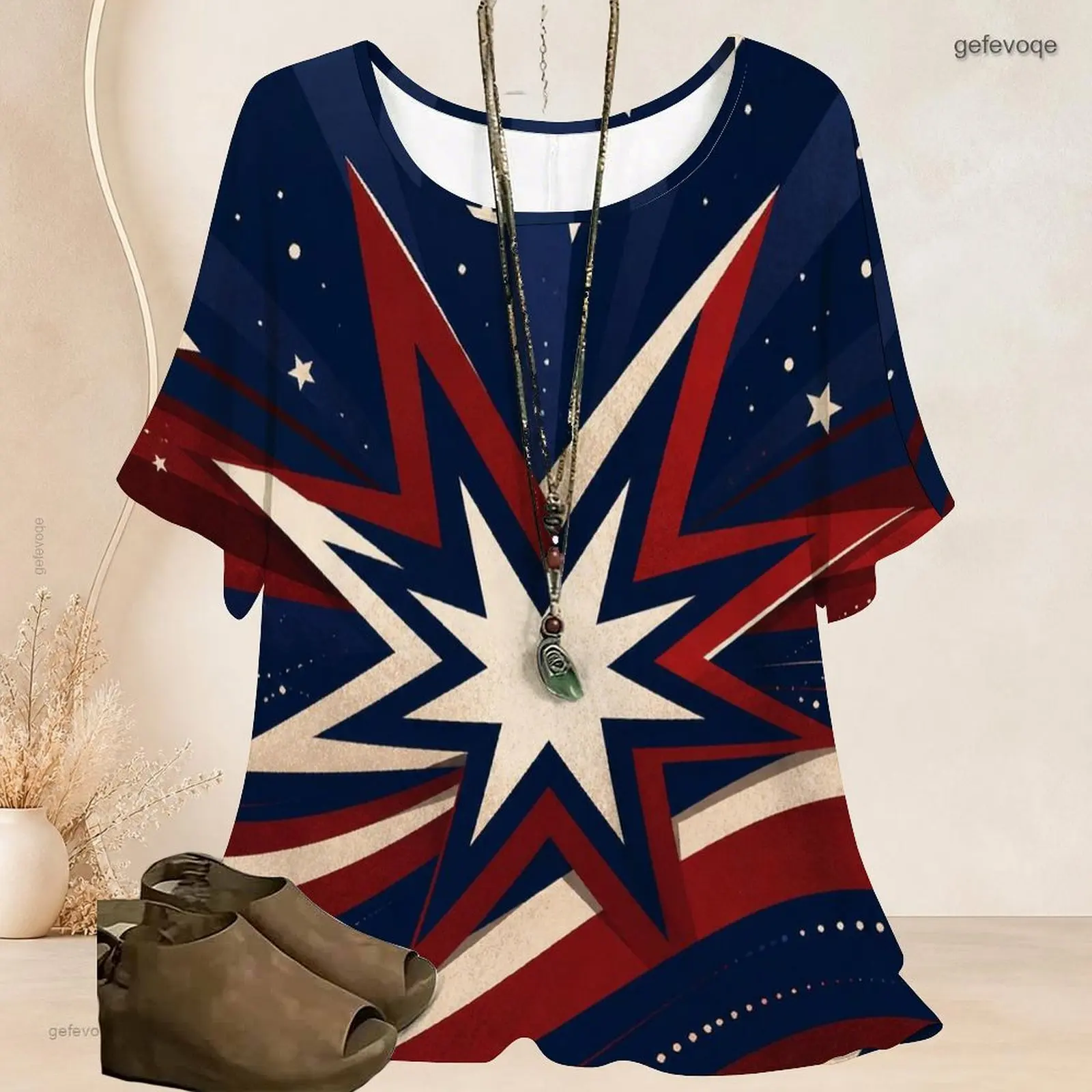 Women Round Neck Batwing Short Sleeve T Shirt Loose Oversized Tunic Top Curved Hem Casual Vintage Blouse Custom Print Ladies - view 4