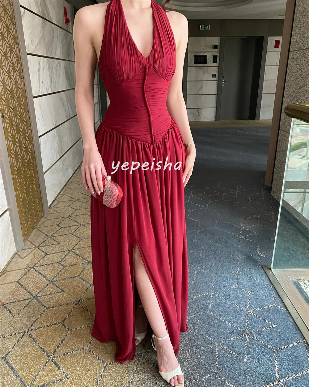 カスタマイズされた中国風シフォンドレーププリーツAラインホルターロングドレスオーダーメイドオケージョンドレスクラシックレトロエレガントマッチング