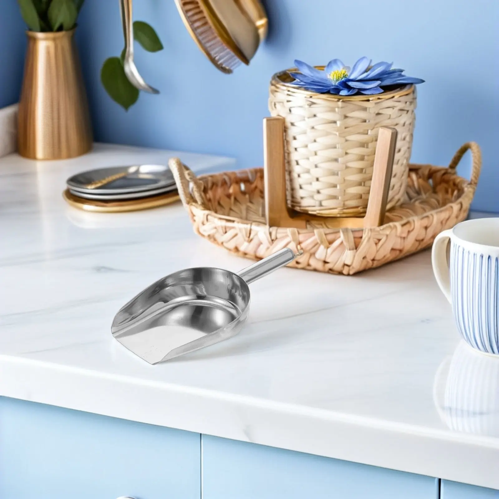 2Pcs Stainless Steel Ice Cube Shovel Multipurpose Food Scoop for Kitchen Flour Candy Nuts Ice Scoop Holder Home Flour Shovel
