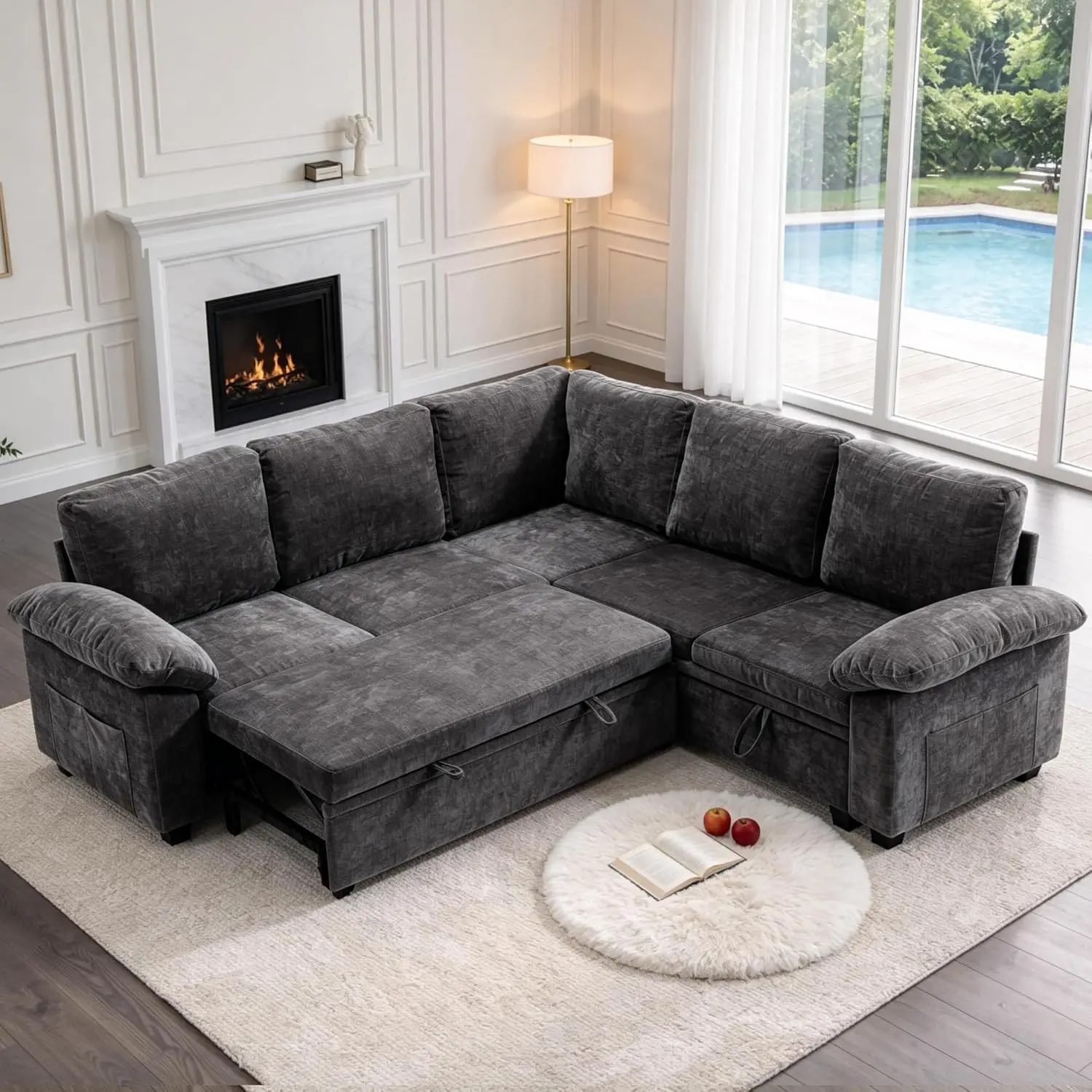 

86 Inch Sectional Sleeper L Shaped Sofa with Pull Out Bed,5 Seat Modular Sectional Sofa with Storage,Modern Chenille Cloud Couch