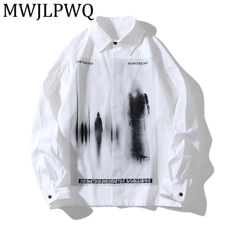 

MWJLPWQ Черные рубашки с длинными рукавами и принтом в готическом стиле для мужчин, модные нишевые дизайнерские свободные топы с лацканами 12104