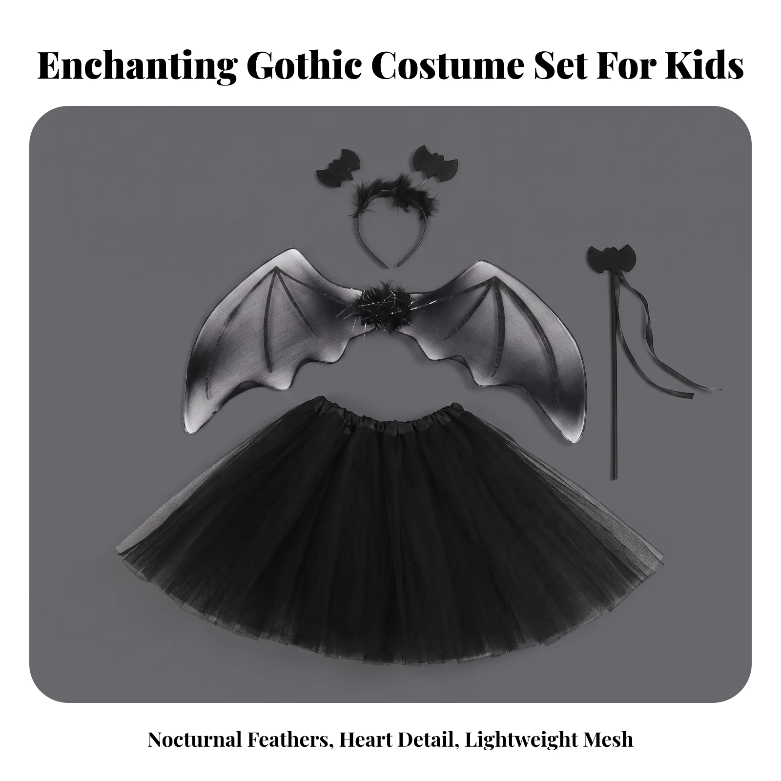 4 Pieces Tutu Costume Set with Nocturnal Flying Mammal Wings Elastic Nocturnal Flying Mammal Wing Costume Set High-Quality
