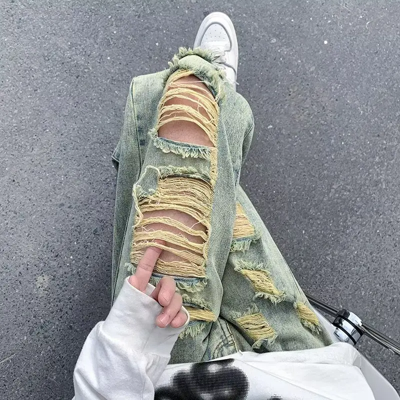 

Retro Waed American Sle Men's Summer Trendy Loose Straight Leg Denim Jeans with Hole Casual Long Pants for Young Men