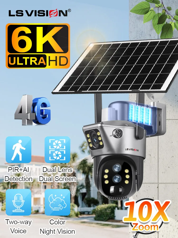 LS VISION 6K 12MP Dual Screen Solar Camera Outdoor Wireless 4G PTZ 10X ZOOM Security Cameras Auto Tracking CCTV Cameras Waterpro