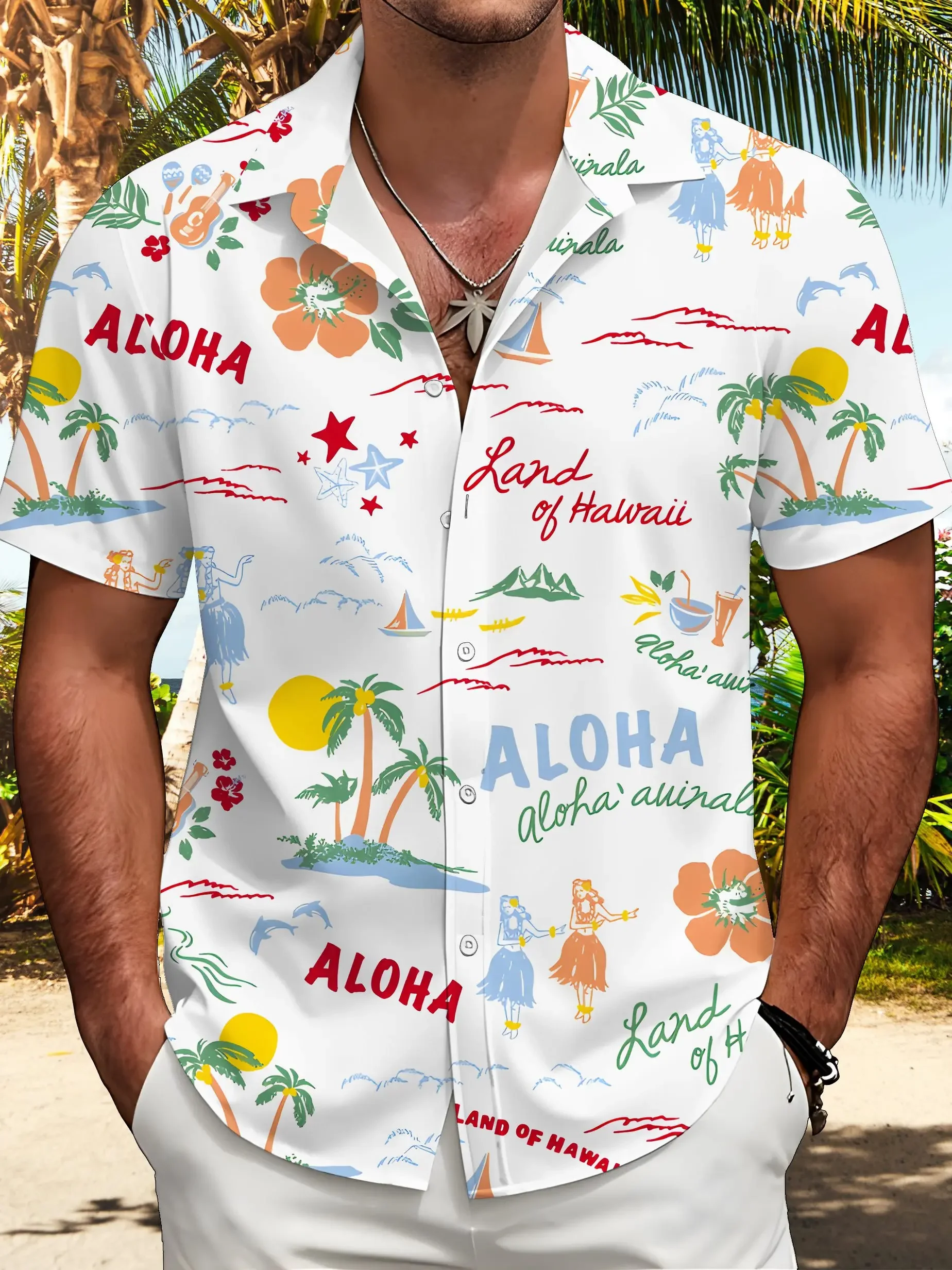 Colorful Hawaiian Island Palm Grass Skirt Girl Printed Men's Short Sleeved Shirt Couple Travel Versatile Shirt