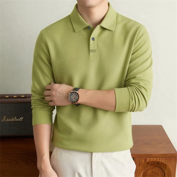 100% Mercerisierte Baumwolle Einfarbiges Business-Casual-Oberteil Herren Old Money Style Langarm-Poloshirt – Detail 14