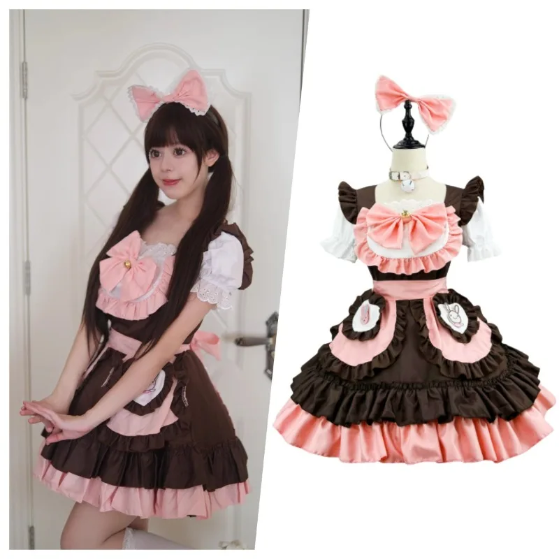 Disfraz de sirvienta Lolita, disfraz de conejito Kawaii, vestido rosa, delantal, tocado, trajes bonitos y dulces de estilo japonés, nuevos trajes de Halloween