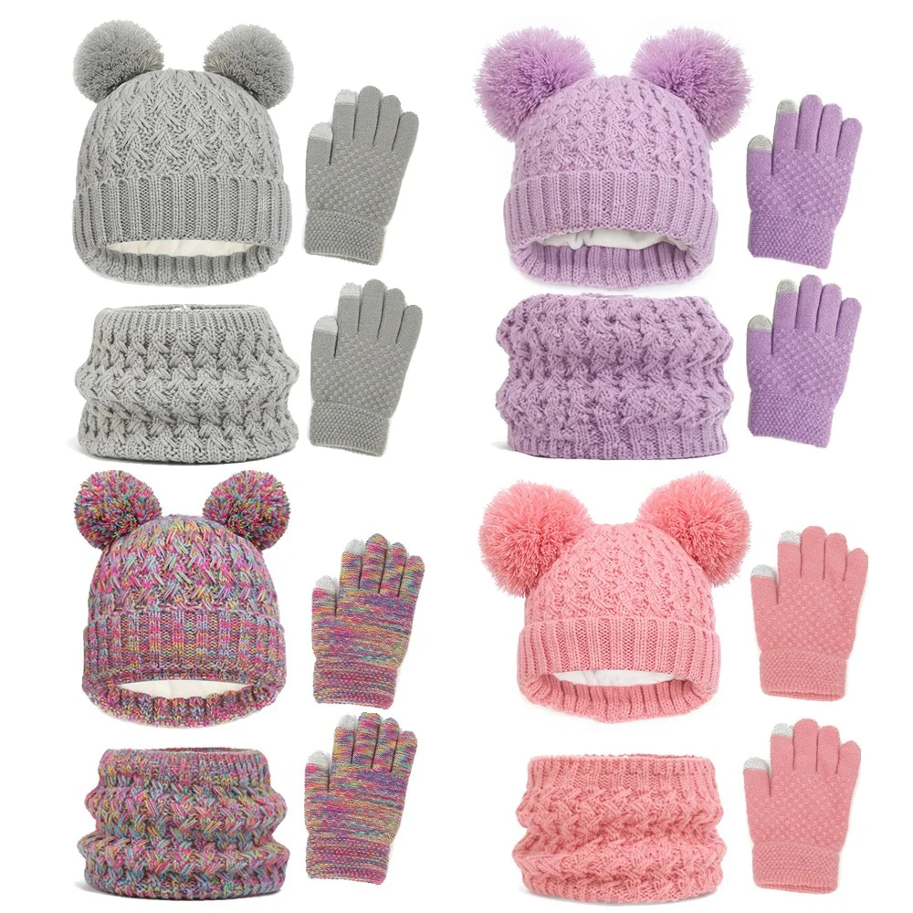 Knit Baby Winter Hat Gloves Scarf Set Fleece Pompom Kids Beanie Neck Warmer Skiing Thicken Children Cap for Boys Girls 1-6Y