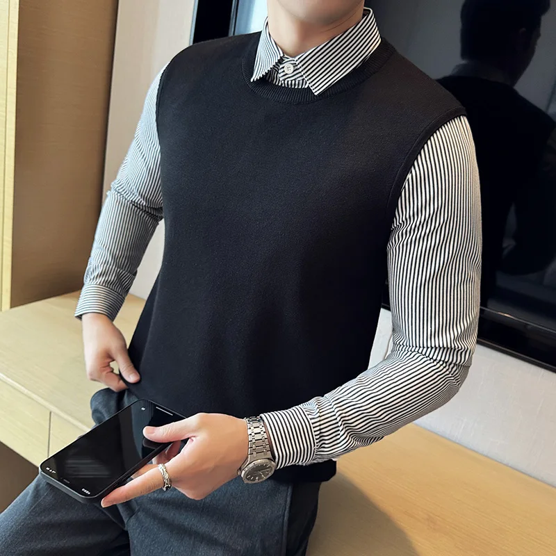 Winter Fashion Fake 2 Piece Striped Shirt Collar Sweater Men High Quality Business Splice Long Sleeved Slim Fit Knitted Pullover