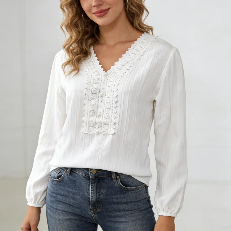 

2026 Spring Office Lady Elegant Tops Long Sleeve White Women's Blouse Fashion Autumn V-neck Embroidery Shirt