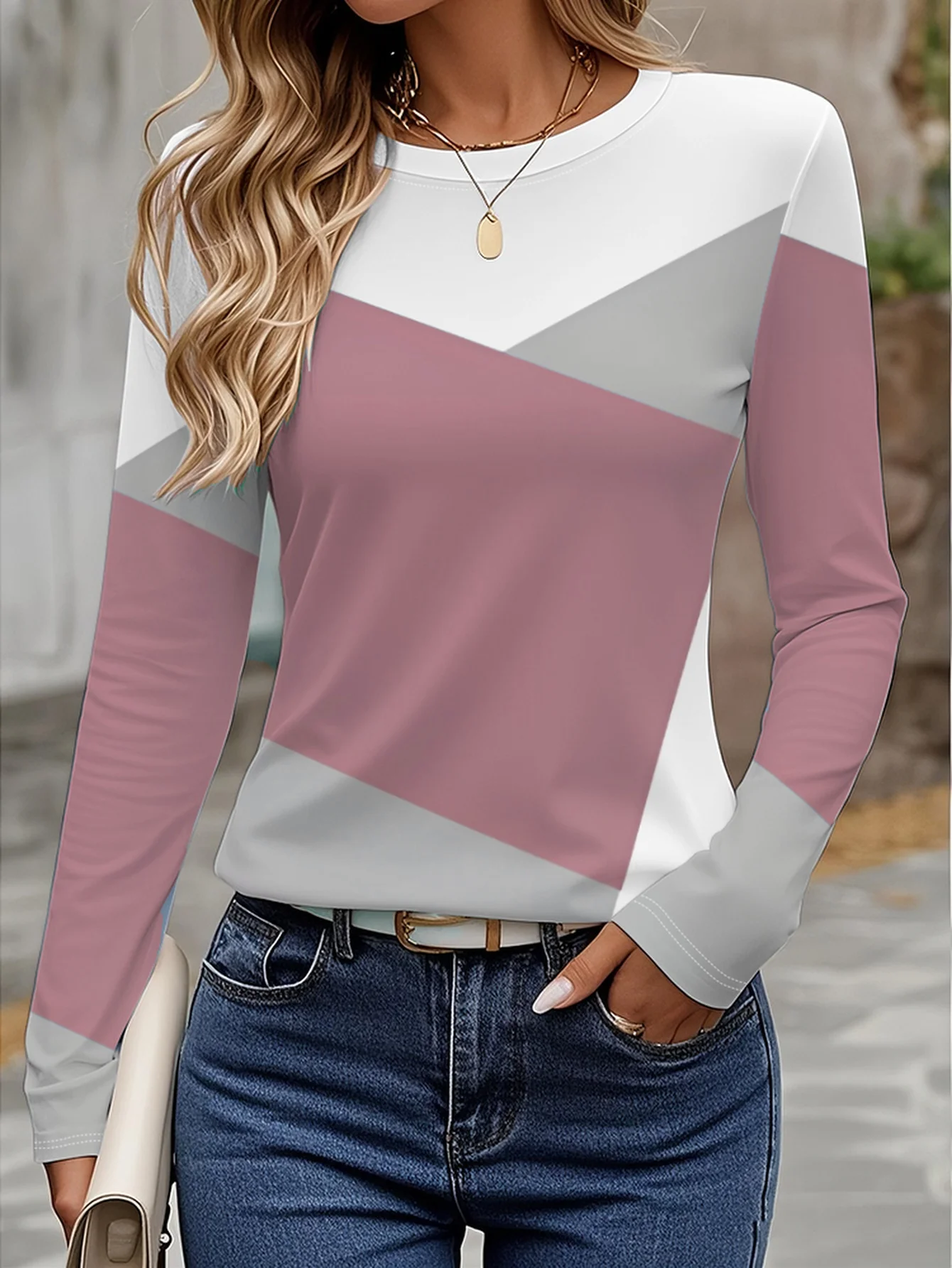 Women's 3D color block stitching T-shirt fashionable long-sleeved round neck regular tops holiday weekend spring and autumn