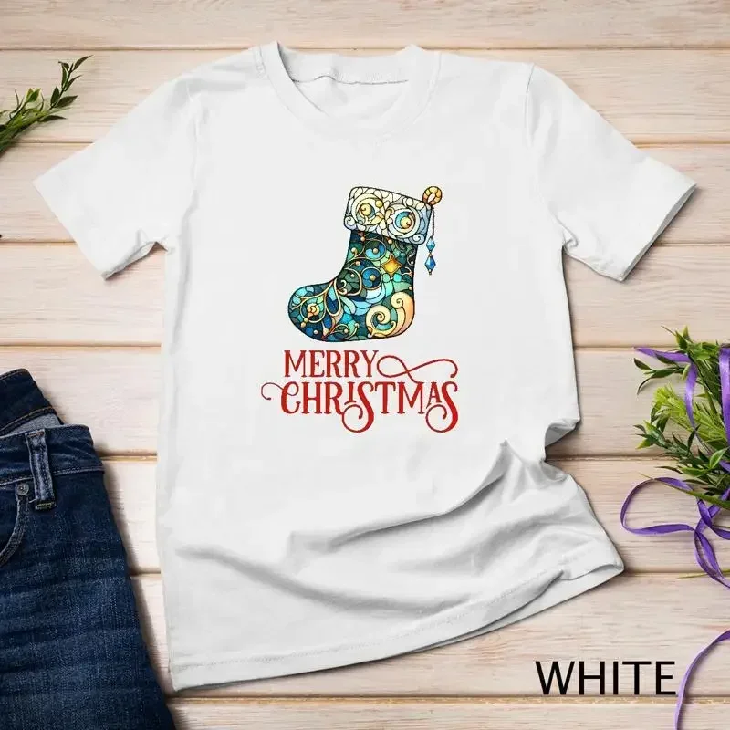 Elegant Stained Glass Christmas Stocking Design Funny Christmas Unisex T shirt