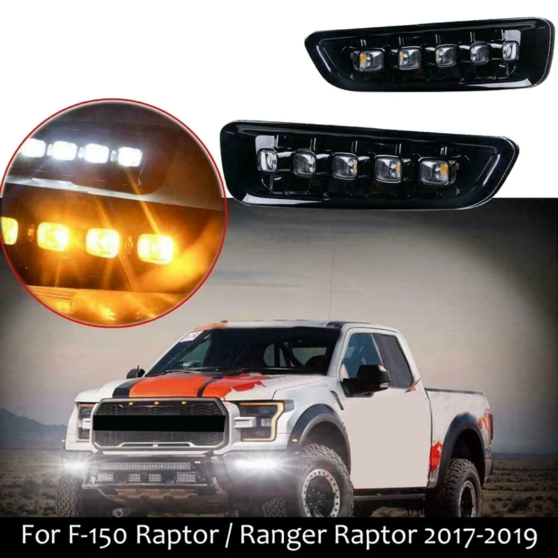 For Ford F-150 Raptor / Ranger Raptor 2017-2019 Front Bumper Bezels L+R LED DRL With Turn Signal Fog Light Lamp