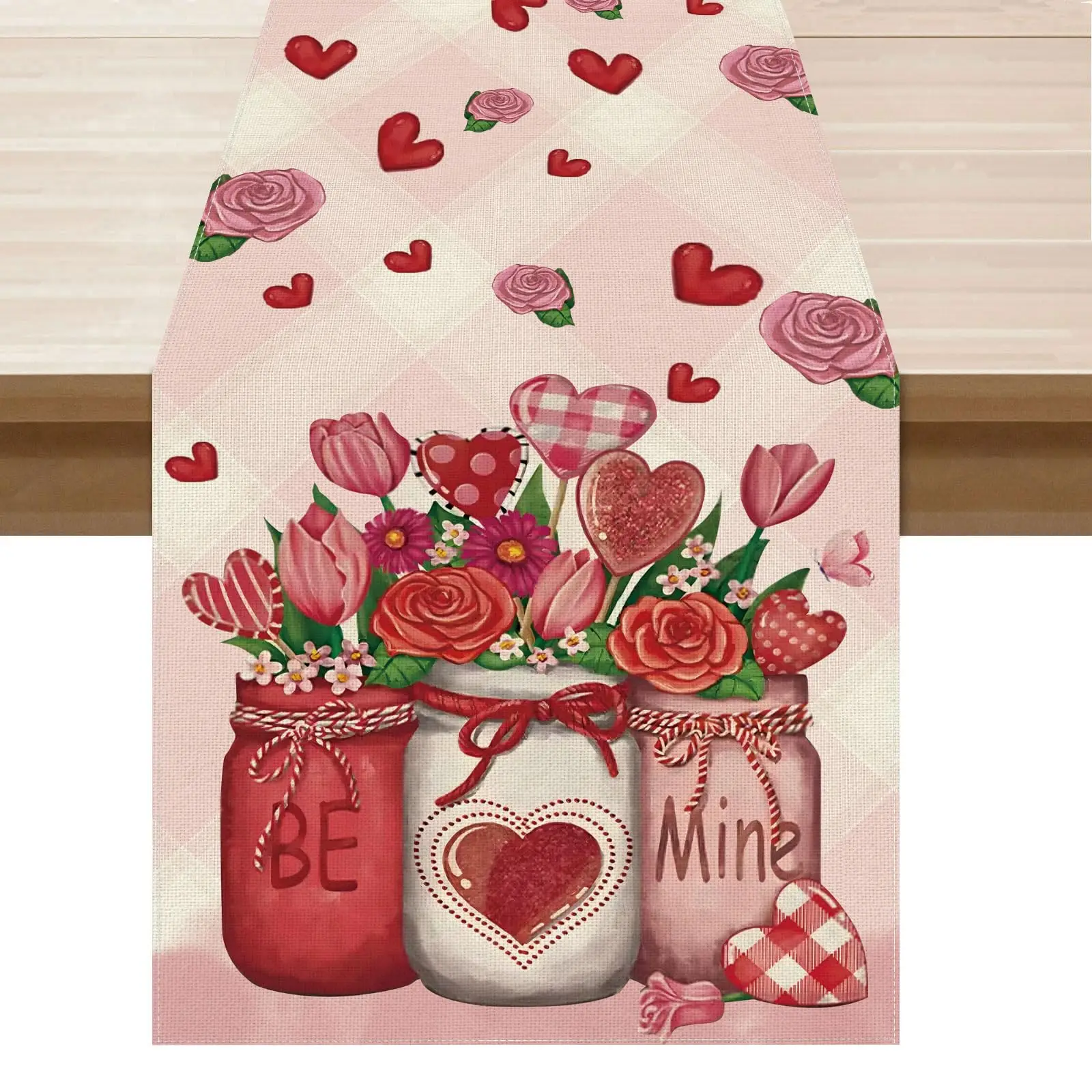 

Roses Flowers Love Hearts Vase Valentine’s Day Table Runner Table Decoration for Party Home Kitchen Dining Dinner Holiday Decor