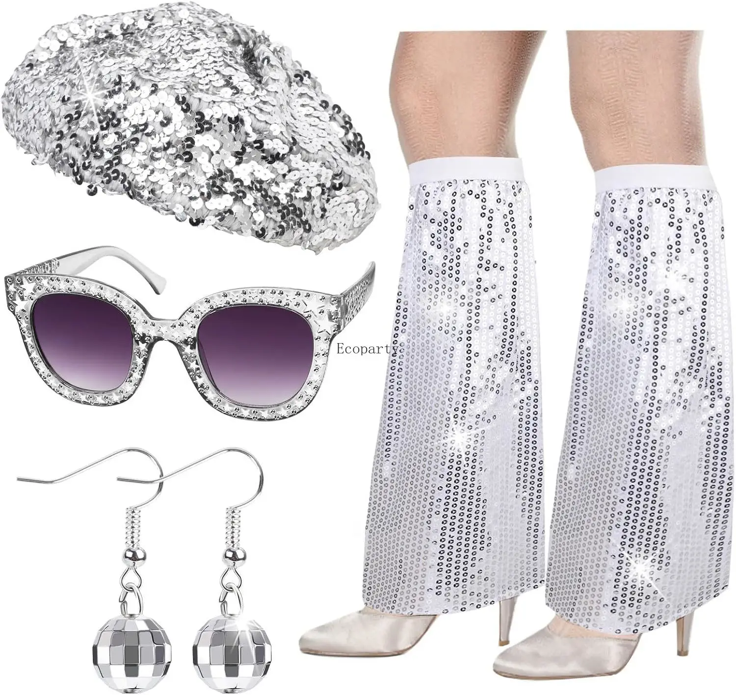 

Аксессуары для женщин в стиле диско 70-х: очки, серьги-шары, блестящие пайетки, берет, гетры, карнавальный костюм в стиле диско 70-х для женщин.