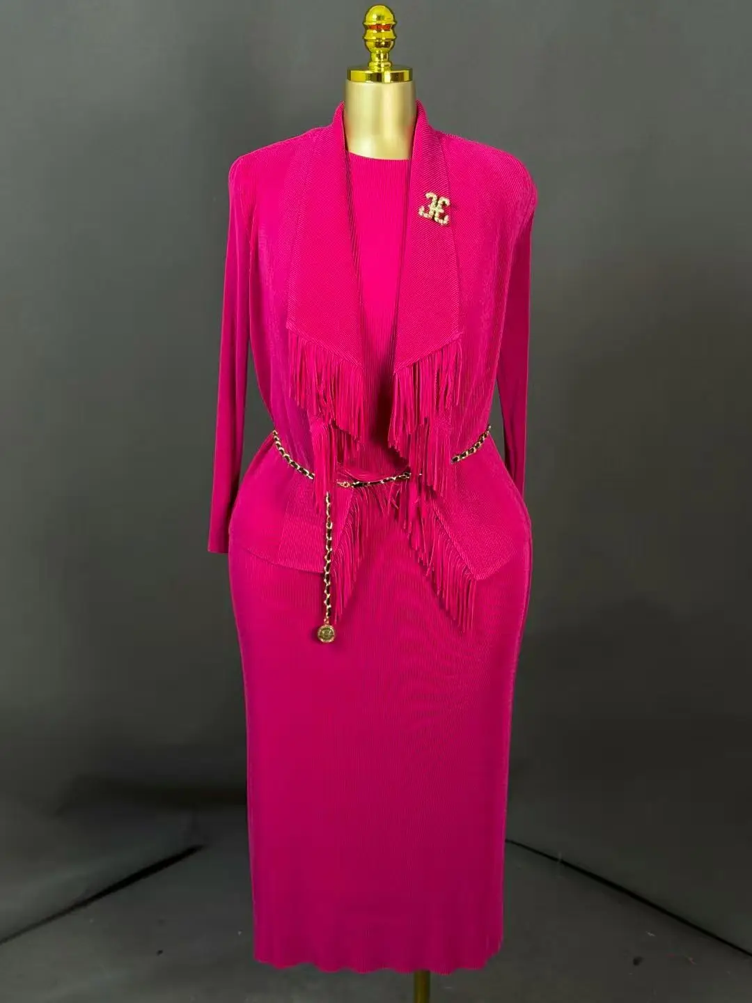 

Miyake Pleated Fashion Suit Women's Lapel Temperament Fringed Jacket + Inner Dress Two-piece Set 2025 Autumn New