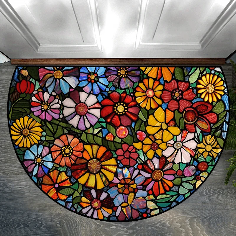 Abstract Nature Design Semi-Round Entrance Mat Washable Non-Skid Floor Rug for Living Room Bedroom