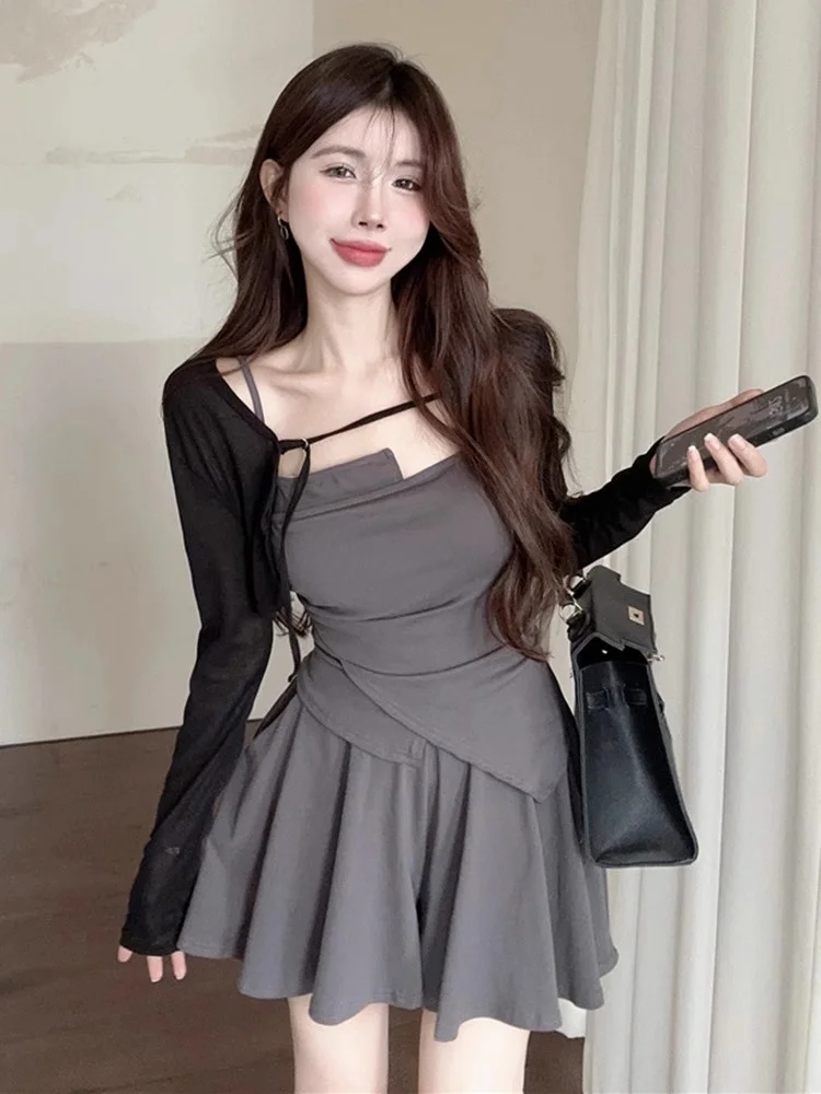 Pure Desire Sexy Strap Dress Women Spring Summer  Mom Sweet Spicy Girl Outfit Wrap around  Skirt Short Skirt Set