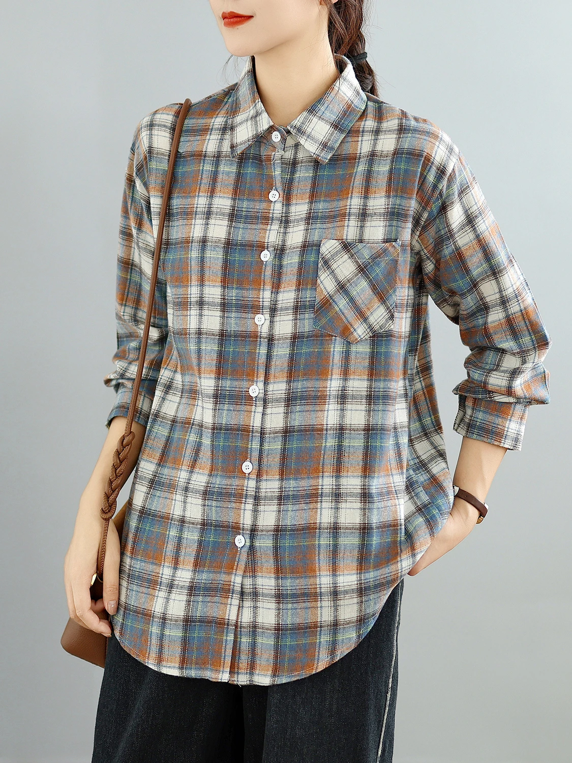 

Retro Plaid Long Sleeve Loose Fit Casual Shirt Women's Open Cardigan Style Breathable Cotton Linen Fabric Autumn Wear