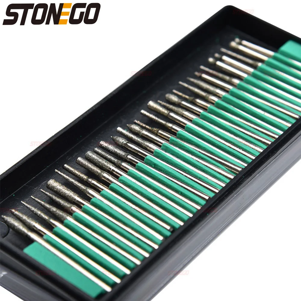 STONEGO-Juego de 30 rebabas de diamante con vástago de 3mm para grabado, tallado, pulido de vidrio, Jade y piedra