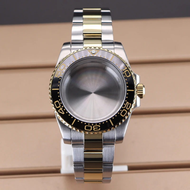 

40mm Silvery Gold Waterproof Watch Case Sapphire Glass For YACHT SUB GMT NH35 NH36 NH34 Eta 2824 Miyota 8215 Movt Polished Strap