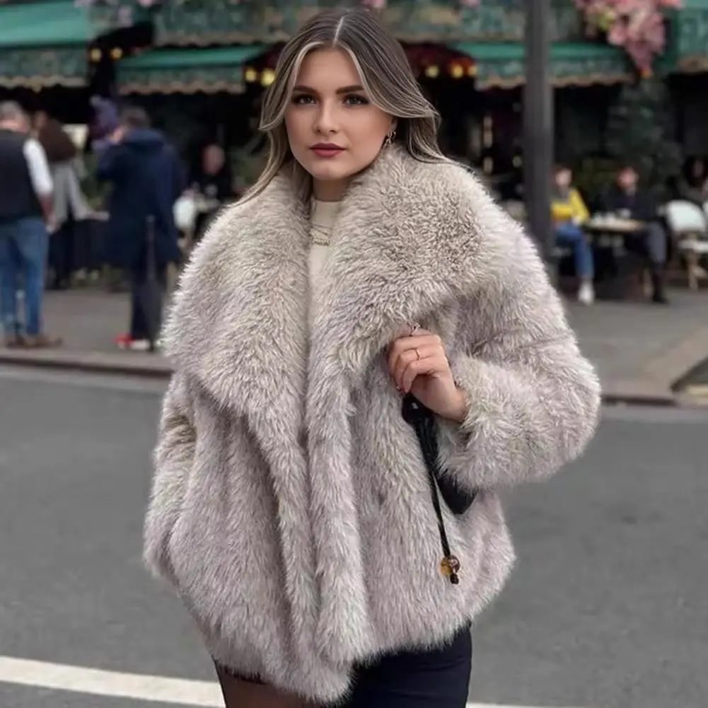 Women's Faux Fur Fuzzy Coat Casual Fluffy Long Sleeve Lapel Shaggy Jacket Winter Furry Open Front Lapel Collar Lady Short Coat